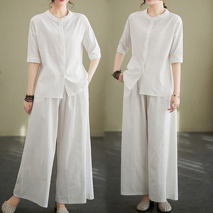 Set da donna in cotone Zen con pantaloni a gamba larga e tasche, casual, tinta unita, con bottoni, modello Buddha Stones , 2 pezzi