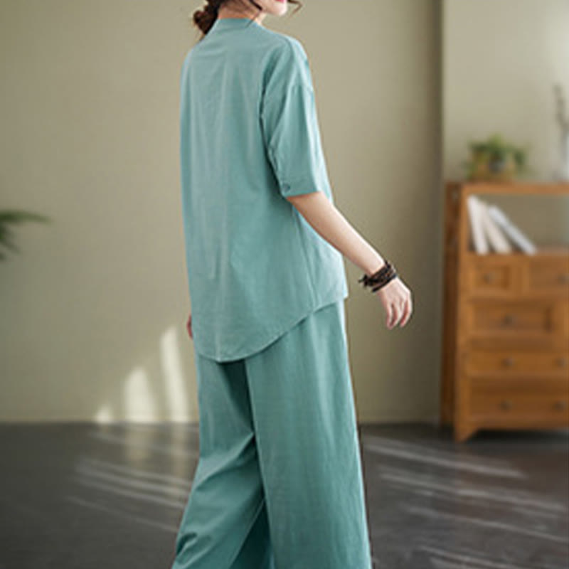 Set da donna in cotone Zen con pantaloni a gamba larga e tasche, casual, tinta unita, con bottoni, modello Buddha Stones , 2 pezzi