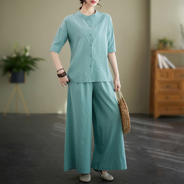 Set da donna in cotone Zen con pantaloni a gamba larga e tasche, casual, tinta unita, con bottoni, modello Buddha Stones , 2 pezzi