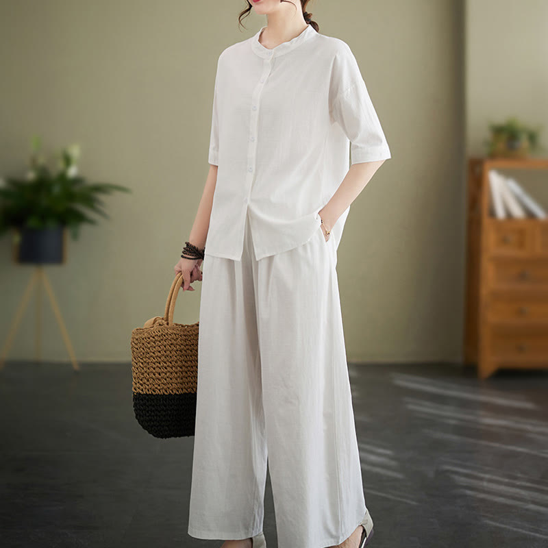 Set da donna in cotone Zen con pantaloni a gamba larga e tasche, casual, tinta unita, con bottoni, modello Buddha Stones , 2 pezzi