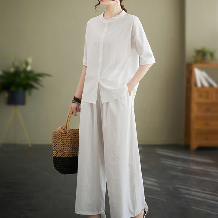 Set da donna in cotone Zen con pantaloni a gamba larga e tasche, casual, tinta unita, con bottoni, modello Buddha Stones , 2 pezzi
