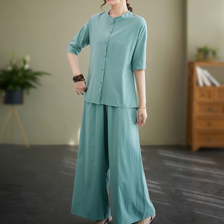 Set da donna in cotone Zen con pantaloni a gamba larga e tasche, casual, tinta unita, con bottoni, modello Buddha Stones , 2 pezzi
