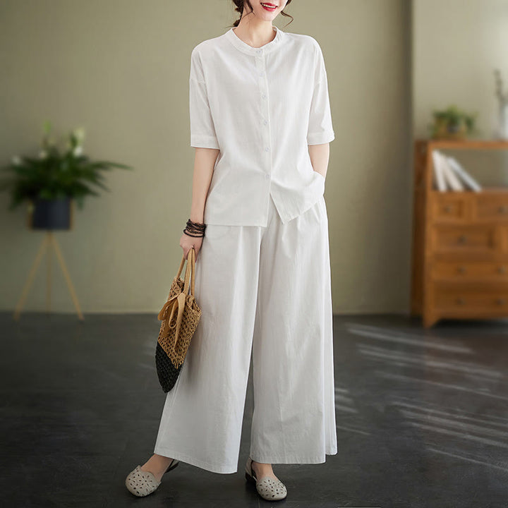 Set da donna in cotone Zen con pantaloni a gamba larga e tasche, casual, tinta unita, con bottoni, modello Buddha Stones , 2 pezzi