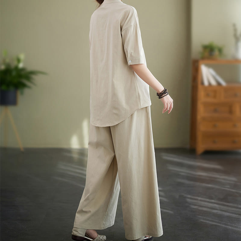 Set da donna in cotone Zen con pantaloni a gamba larga e tasche, casual, tinta unita, con bottoni, modello Buddha Stones , 2 pezzi