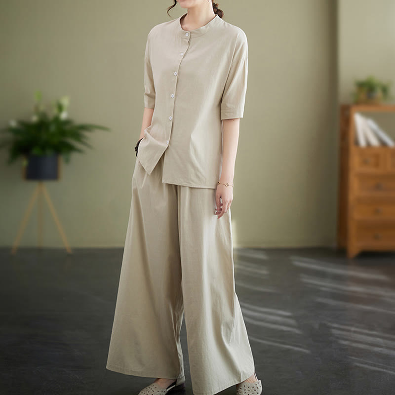Set da donna in cotone Zen con pantaloni a gamba larga e tasche, casual, tinta unita, con bottoni, modello Buddha Stones , 2 pezzi