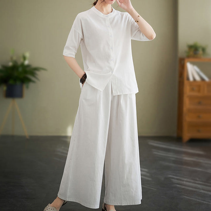Set da donna in cotone Zen con pantaloni a gamba larga e tasche, casual, tinta unita, con bottoni, modello Buddha Stones , 2 pezzi