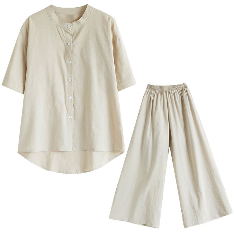 Set da donna in cotone Zen con pantaloni a gamba larga e tasche, casual, tinta unita, con bottoni, modello Buddha Stones , 2 pezzi