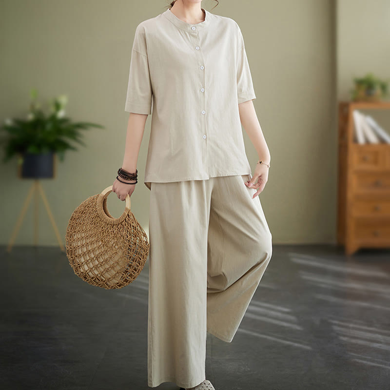 Set da donna in cotone Zen con pantaloni a gamba larga e tasche, casual, tinta unita, con bottoni, modello Buddha Stones , 2 pezzi