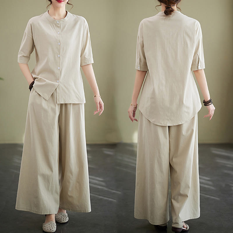 Set da donna in cotone Zen con pantaloni a gamba larga e tasche, casual, tinta unita, con bottoni, modello Buddha Stones , 2 pezzi