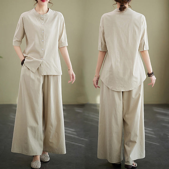 Set da donna in cotone Zen con pantaloni a gamba larga e tasche, casual, tinta unita, con bottoni, modello Buddha Stones , 2 pezzi
