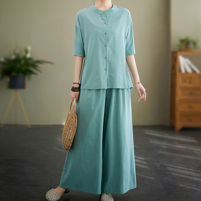 Set da donna in cotone Zen con pantaloni a gamba larga e tasche, casual, tinta unita, con bottoni, modello Buddha Stones , 2 pezzi