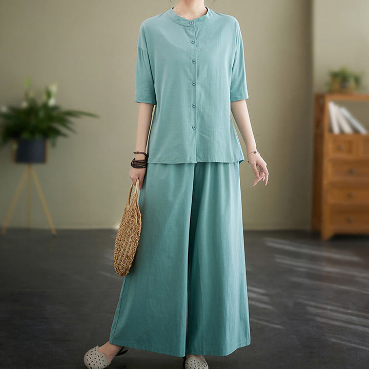 Set da donna in cotone Zen con pantaloni a gamba larga e tasche, casual, tinta unita, con bottoni, modello Buddha Stones , 2 pezzi
