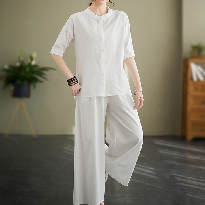 Set da donna in cotone Zen con pantaloni a gamba larga e tasche, casual, tinta unita, con bottoni, modello Buddha Stones , 2 pezzi