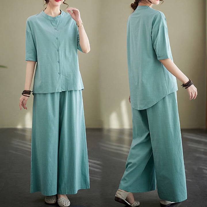 Set da donna in cotone Zen con pantaloni a gamba larga e tasche, casual, tinta unita, con bottoni, modello Buddha Stones , 2 pezzi