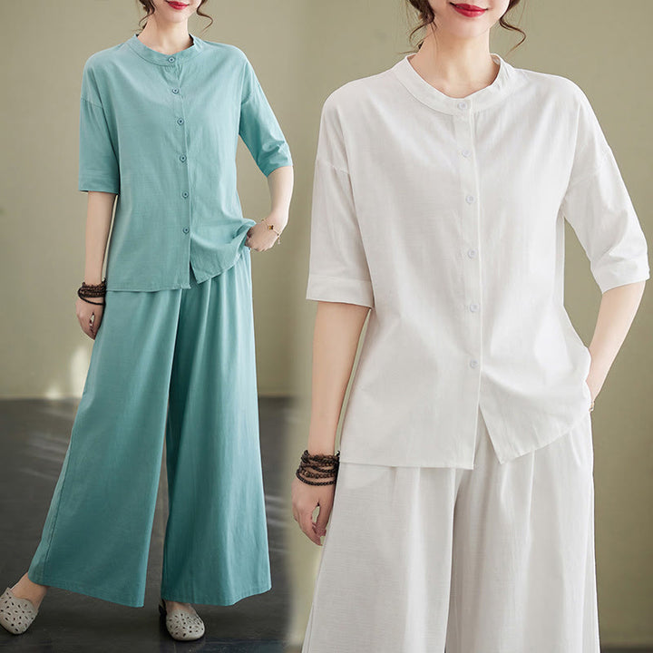 Set da donna in cotone Zen con pantaloni a gamba larga e tasche, casual, tinta unita, con bottoni, modello Buddha Stones , 2 pezzi