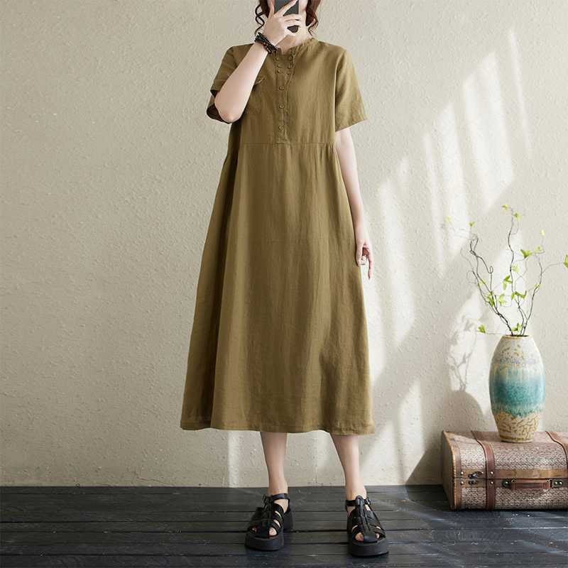Abito midi in lino con maniche corte, colletto rialzato, bottoni e Buddha Stones - Verde oliva - US8-10, UK/AU12-14, EU40-42 (2XL) - image 7