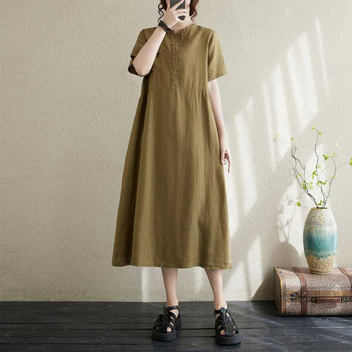 Abito midi in lino con maniche corte, colletto rialzato, bottoni e Buddha Stones - Verde oliva - US8-10, UK/AU12-14, EU40-42 (2XL) - image 7