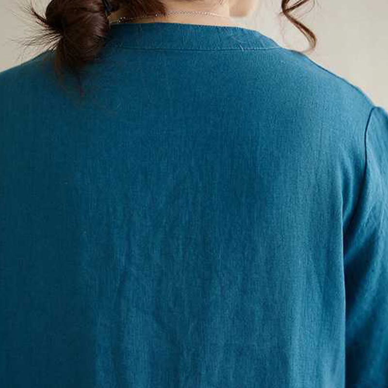 Abito midi in lino con maniche corte, colletto rialzato, bottoni e Buddha Stones - image 20