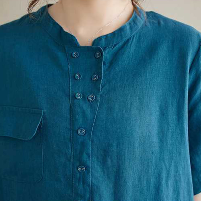 Abito midi in lino con maniche corte, colletto rialzato, bottoni e Buddha Stones - image 19