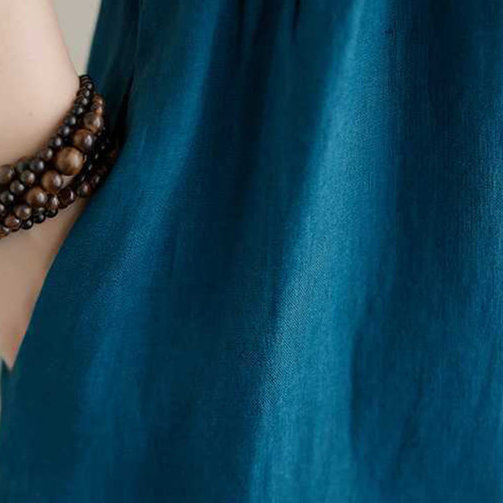 Abito midi in lino con maniche corte, colletto rialzato, bottoni e Buddha Stones - image 23