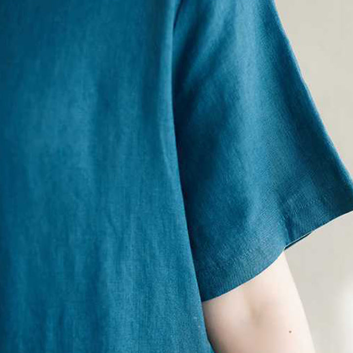 Abito midi in lino con maniche corte, colletto rialzato, bottoni e Buddha Stones - image 21