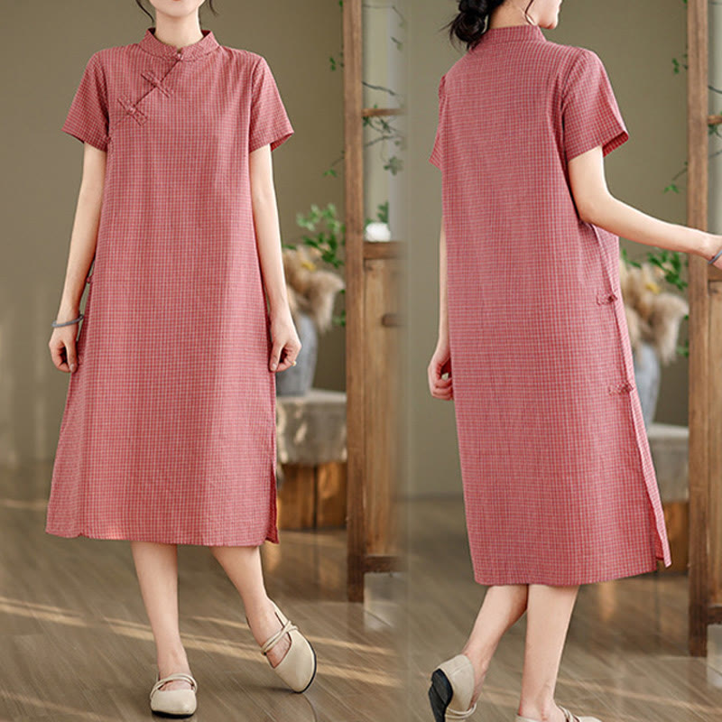 Abito midi cheongsam migliorato in cotone e lino con motivo a rana, maniche corte e bottoni a forma di Buddha Stones - image 9