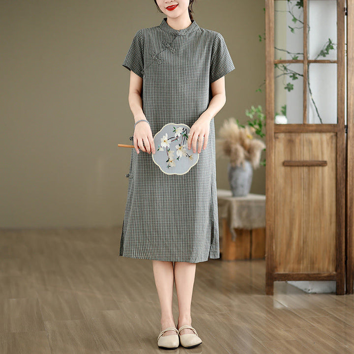 Abito midi cheongsam migliorato in cotone e lino con motivo a rana, maniche corte e bottoni a forma di Buddha Stones - Grigio - US8-10, UK/AU12-14, EU40-42 (2XL) - image 10