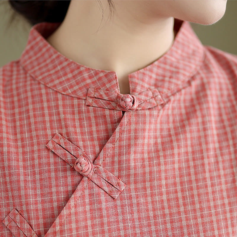 Abito midi cheongsam migliorato in cotone e lino con motivo a rana, maniche corte e bottoni a forma di Buddha Stones - image 4