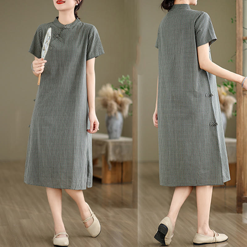 Abito midi cheongsam migliorato in cotone e lino con motivo a rana, maniche corte e bottoni a forma di Buddha Stones - image 13