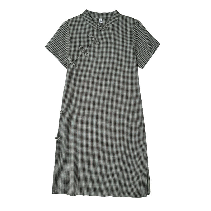 Abito midi cheongsam migliorato in cotone e lino con motivo a rana, maniche corte e bottoni a forma di Buddha Stones - image 14