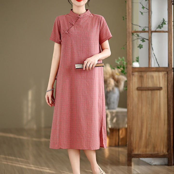 Abito midi cheongsam migliorato in cotone e lino con motivo a rana, maniche corte e bottoni a forma di Buddha Stones - Salmone - US8-10, UK/AU12-14, EU40-42 (2XL) - image 0