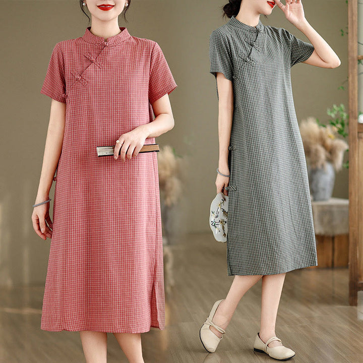 Abito midi cheongsam migliorato in cotone e lino con motivo a rana, maniche corte e bottoni a forma di Buddha Stones - image 15