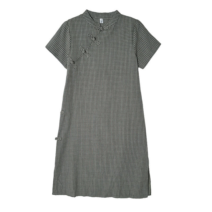 Abito midi cheongsam migliorato in cotone e lino con motivo a rana, maniche corte e bottoni a forma di Buddha Stones - image 15