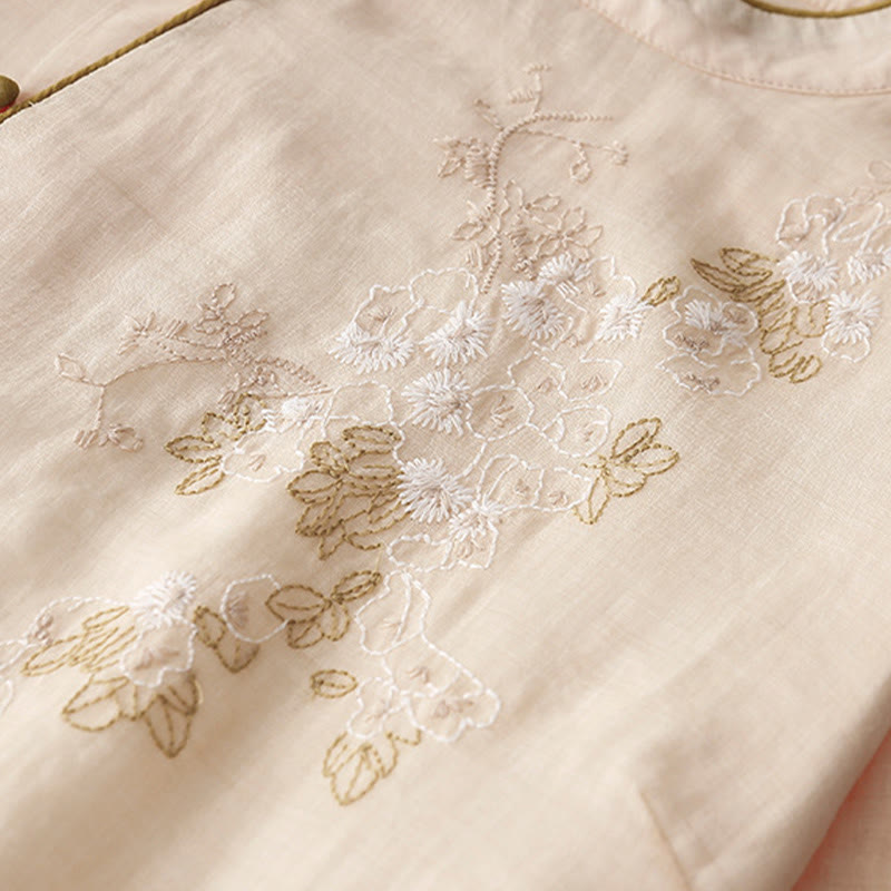 Abito midi in cotone e lino a maniche lunghe con tasche, ricamo di Buddha Stones e bottoni - image 6