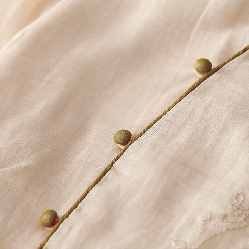 Abito midi in cotone e lino a maniche lunghe con tasche, ricamo di Buddha Stones e bottoni - image 5