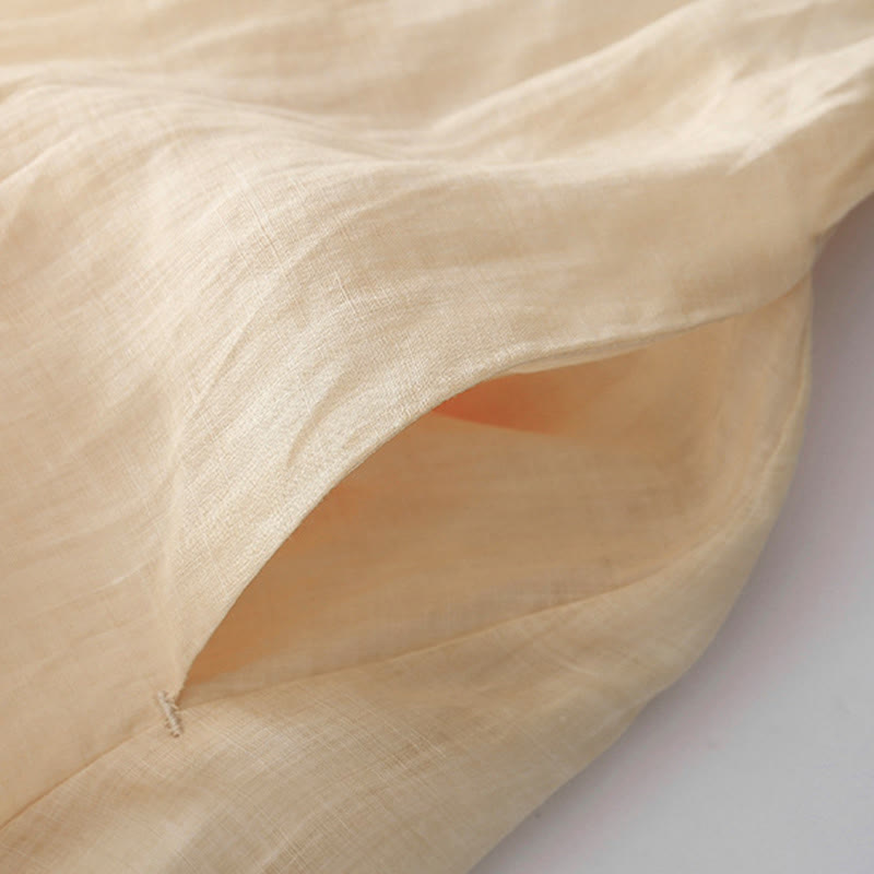 Abito midi in cotone e lino a maniche lunghe con tasche, ricamo di Buddha Stones e bottoni - image 9