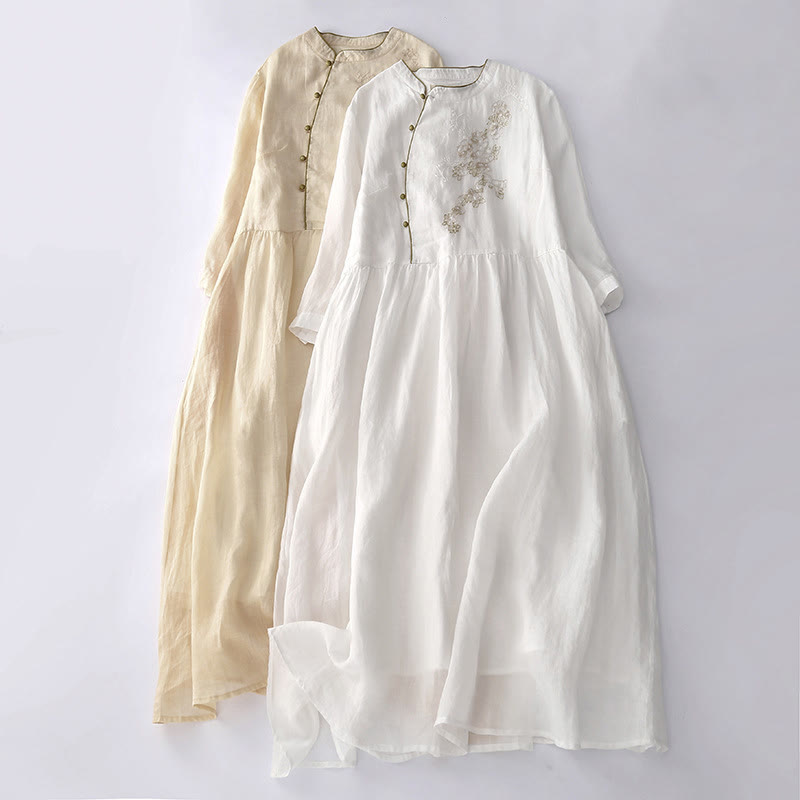 Abito midi in cotone e lino a maniche lunghe con tasche, ricamo di Buddha Stones e bottoni - image 24