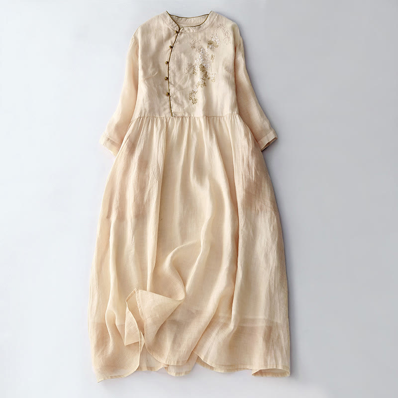 Abito midi in cotone e lino a maniche lunghe con tasche, ricamo di Buddha Stones e bottoni - LemonChiffon - US8-10, UK/AU12-14, EU40-42 (2XL) - image 0