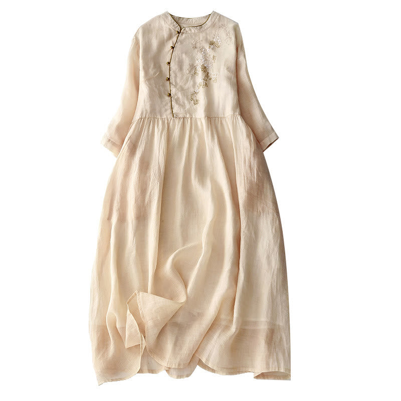 Abito midi in cotone e lino a maniche lunghe con tasche, ricamo di Buddha Stones e bottoni - image 14