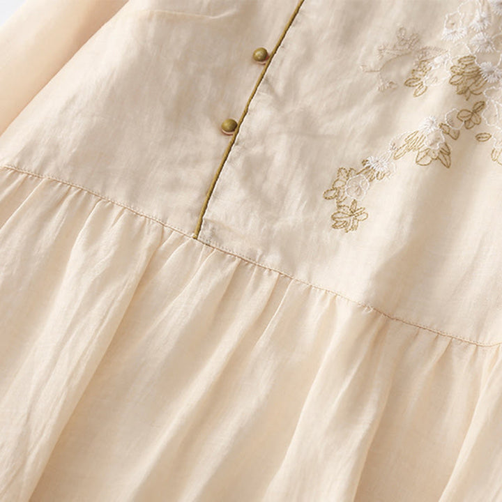 Abito midi in cotone e lino a maniche lunghe con tasche, ricamo di Buddha Stones e bottoni - image 4