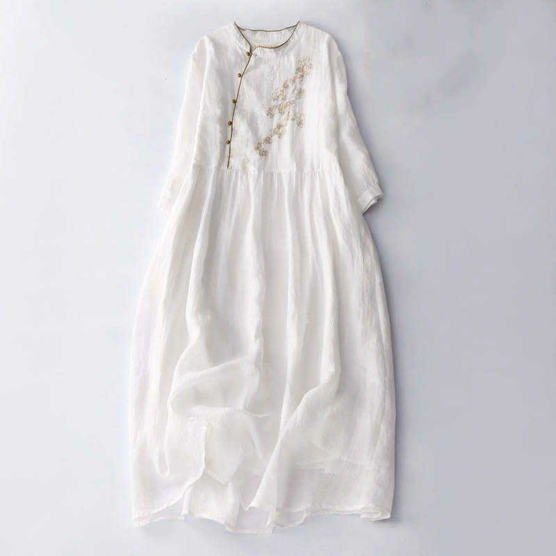 Abito midi in cotone e lino a maniche lunghe con tasche, ricamo di Buddha Stones e bottoni - Bianco - US8-10, UK/AU12-14, EU40-42 (2XL) - image 16