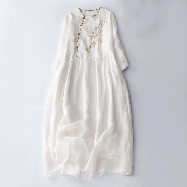 Abito midi in cotone e lino a maniche lunghe con tasche, ricamo di Buddha Stones e bottoni - Bianco - US8-10, UK/AU12-14, EU40-42 (2XL) - image 16
