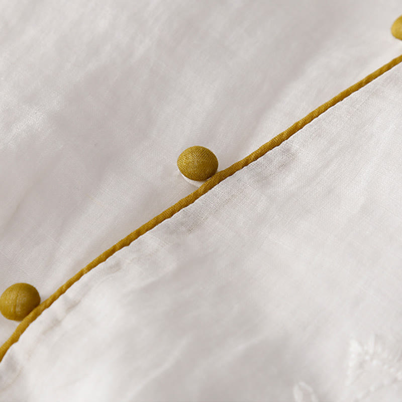 Abito midi in cotone e lino a maniche lunghe con tasche, ricamo di Buddha Stones e bottoni - image 18