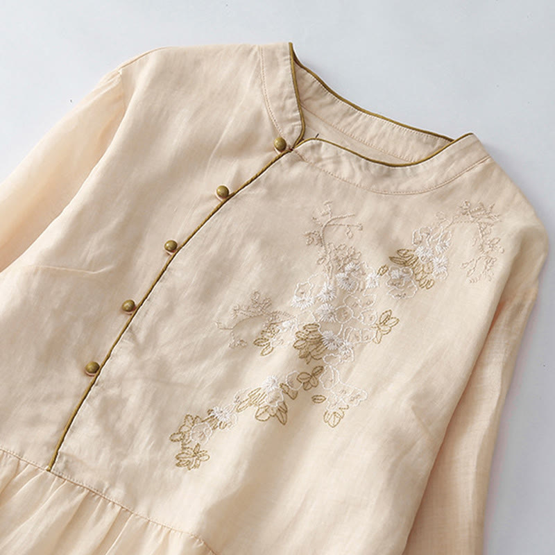 Abito midi in cotone e lino a maniche lunghe con tasche, ricamo di Buddha Stones e bottoni - image 2