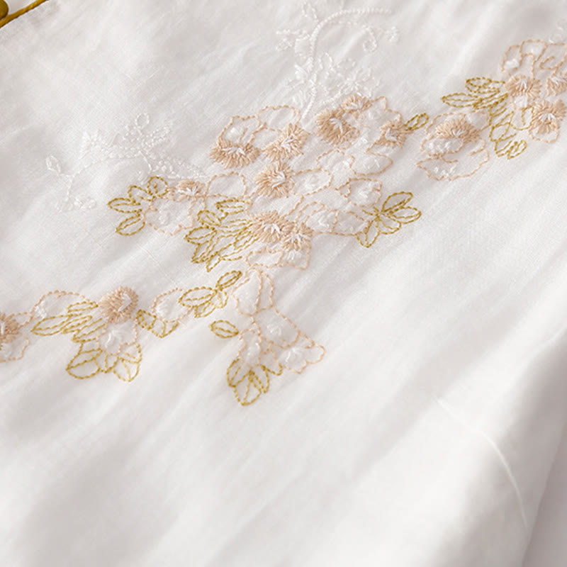 Abito midi in cotone e lino a maniche lunghe con tasche, ricamo di Buddha Stones e bottoni - image 17