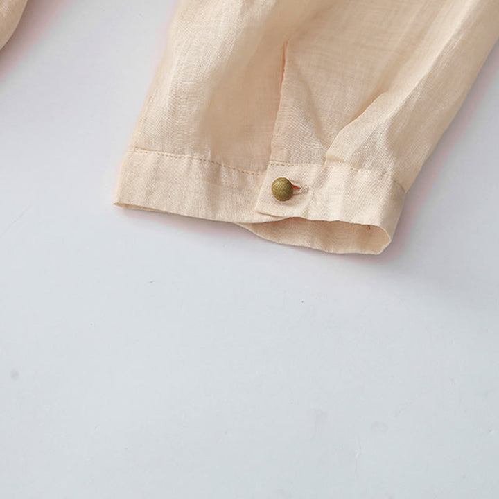 Abito midi in cotone e lino a maniche lunghe con tasche, ricamo di Buddha Stones e bottoni - image 8