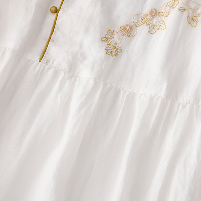 Abito midi in cotone e lino a maniche lunghe con tasche, ricamo di Buddha Stones e bottoni - image 19