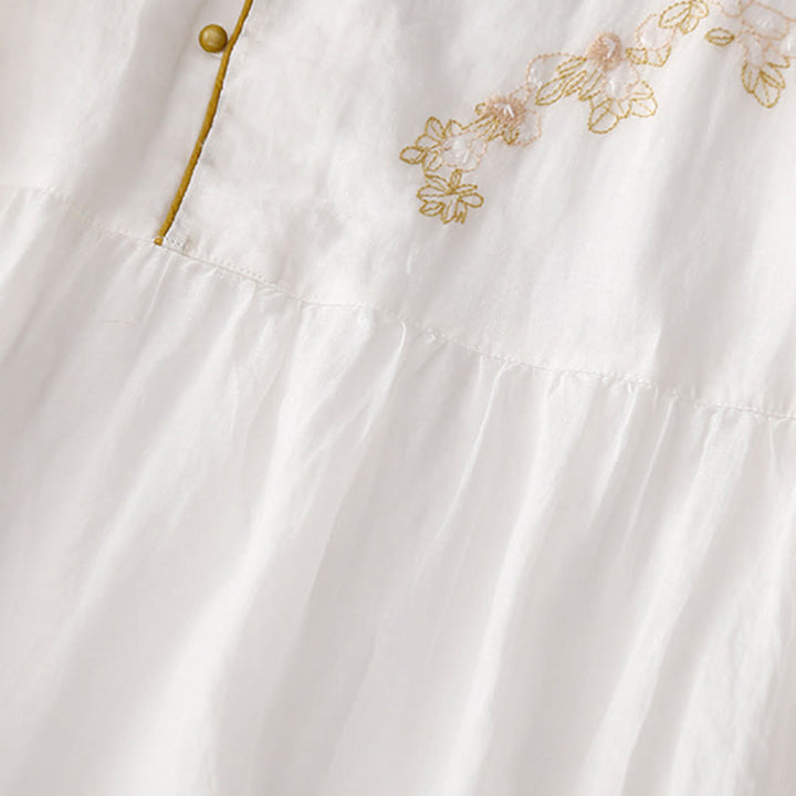 Abito midi in cotone e lino a maniche lunghe con tasche, ricamo di Buddha Stones e bottoni - image 19