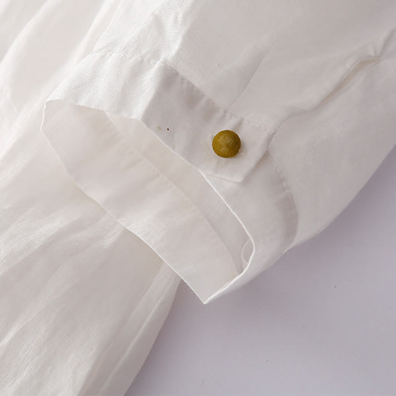 Abito midi in cotone e lino a maniche lunghe con tasche, ricamo di Buddha Stones e bottoni - image 22