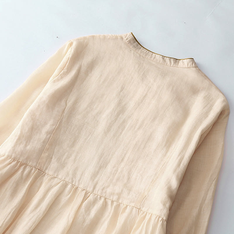 Abito midi in cotone e lino a maniche lunghe con tasche, ricamo di Buddha Stones e bottoni - image 3